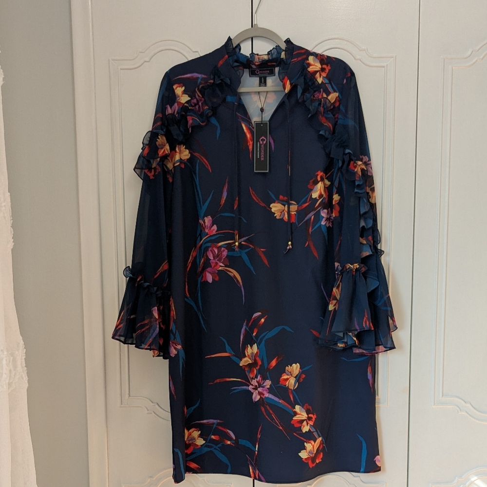 Christian Siriano Ruffled Blue and Orange Stunning Dress V Neck Size L